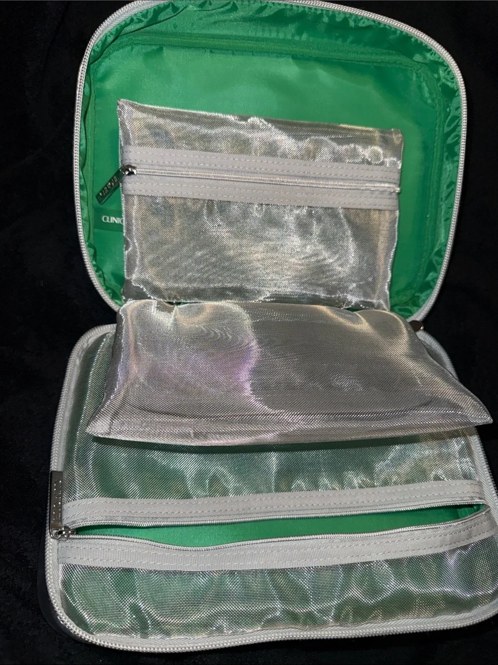 Clinique Puffy Travel Cosmetic Organizer Bag Set - Silver & Green